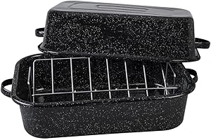 Granite Ware 21 in Oven Rectangular Roaster with lid and V Rack (Speckled Black) - Accommodates up to 25 lb poultry or roast.