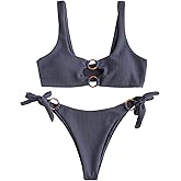 ZAFUL Women's Ribbed O-Ring String Bikini Swimsuit Cheeky Thong Swimwear Two Pieces Bathing Suit