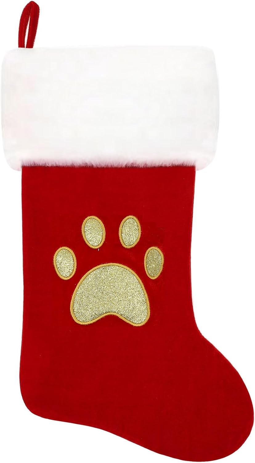 Stockings & Holders - Eoocan 20 Inches Monogram Christmas Stockings Red Velvet with White Super Soft Plush Cuff Embroidered Pets Paw Xmas Stocking Classic Personalized Stocking Decoration for Family Holiday Season Decor