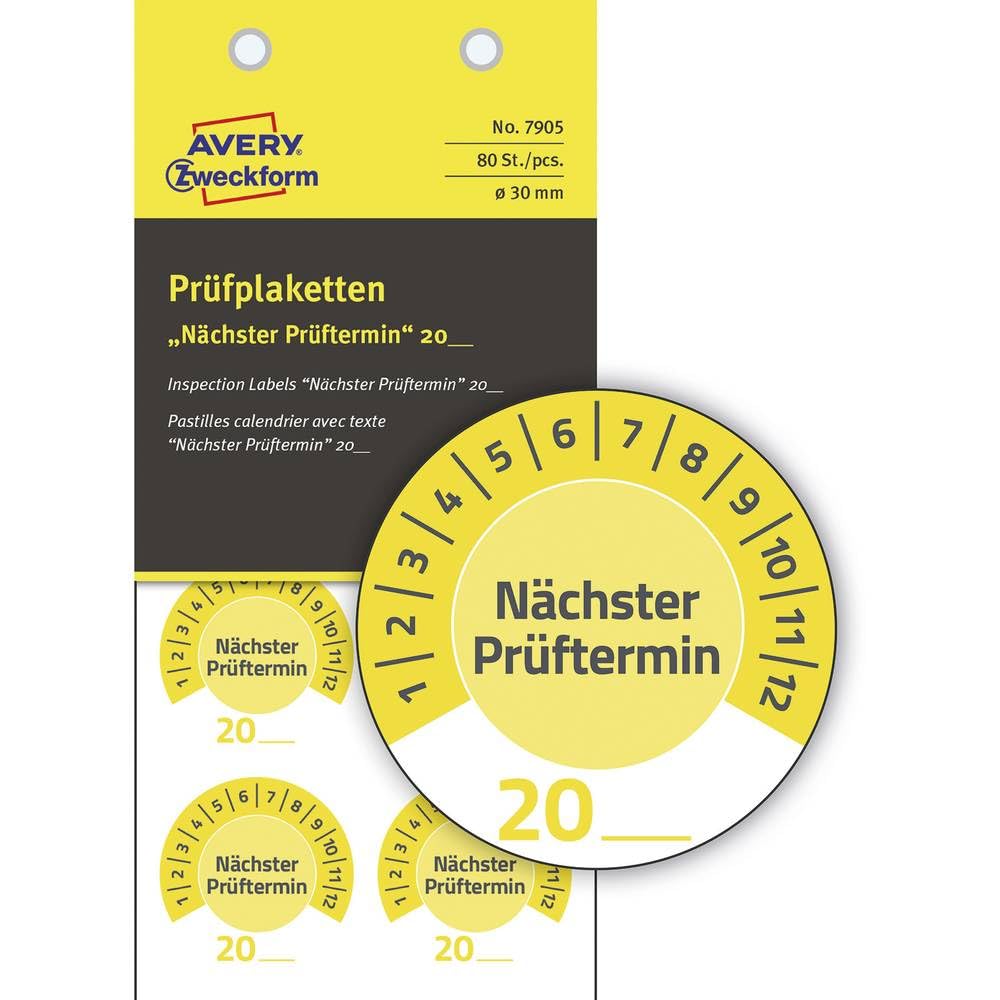 AVERY Zweckform Pack of 80 Test Badges, Next Test Date 20xx (with Year to Enter Yourself, Durable, self-Adhesive, Diameter 30 mm, Test Sticker, Test Seal Made of Vinyl) 7905 Yellow