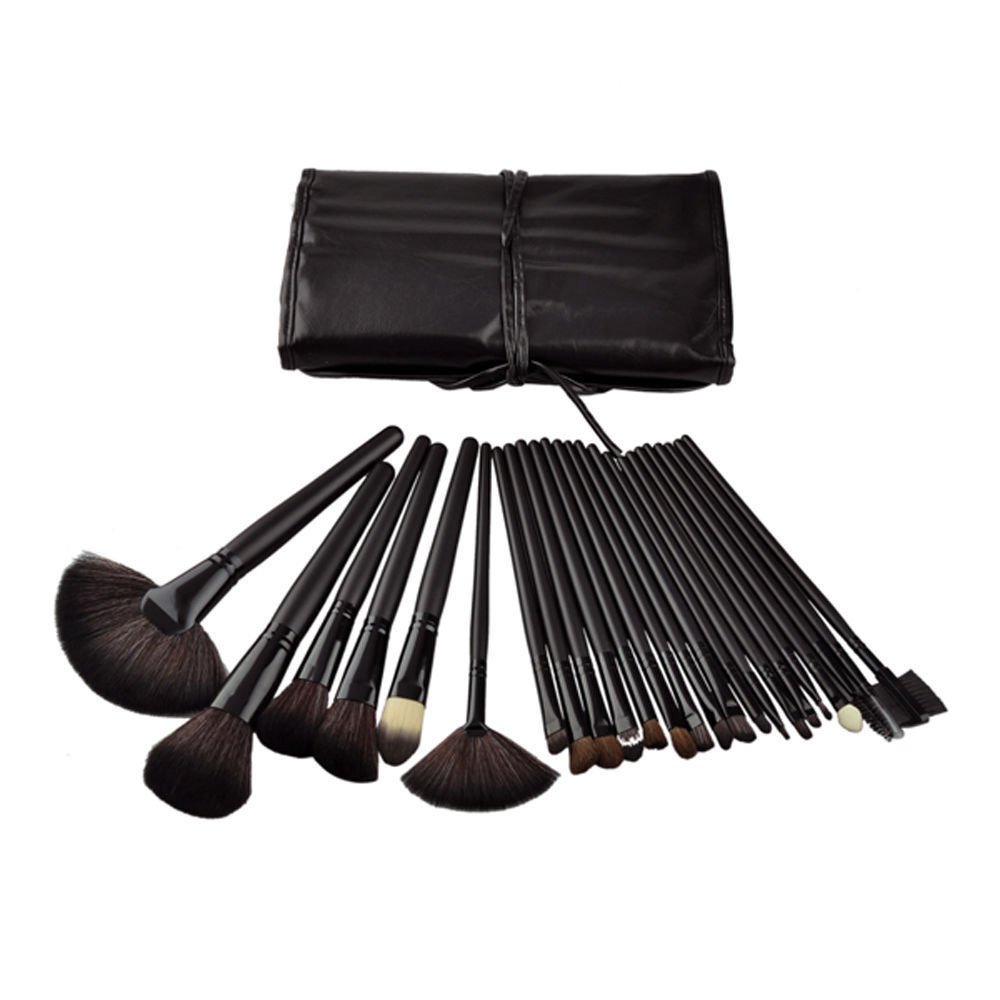 Aurelife Synthetic Hair Wooden Handle Makeup Brush Kit, Black, 24-Pieces Professional Brushes