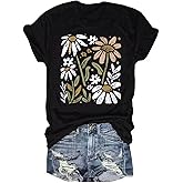 Vintage Floral T Shirt Women Boho Flowers Graphic Tees Shirts Cute Wildflowers Shirt Summer Casual Short Sleeve Tops