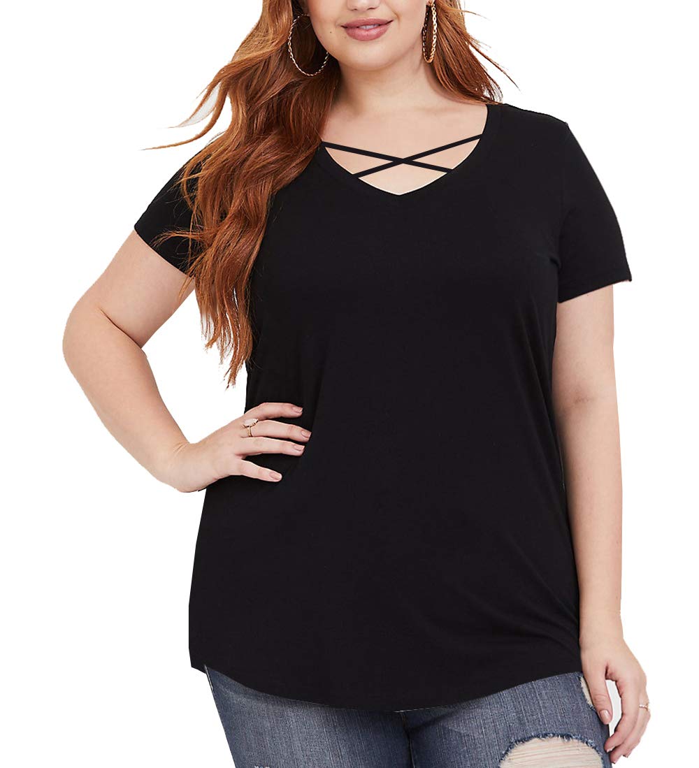 Women\'s Sexy Criss Cross V Neck Short Sleeve Fall T Shirts Black