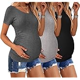 Ekouaer Womens Maternity Shirts 3 Packs V Neck Tops Tunic Pregnancy Clothes Side Ruched Short Sleeve Casual T Shirt S-XXL