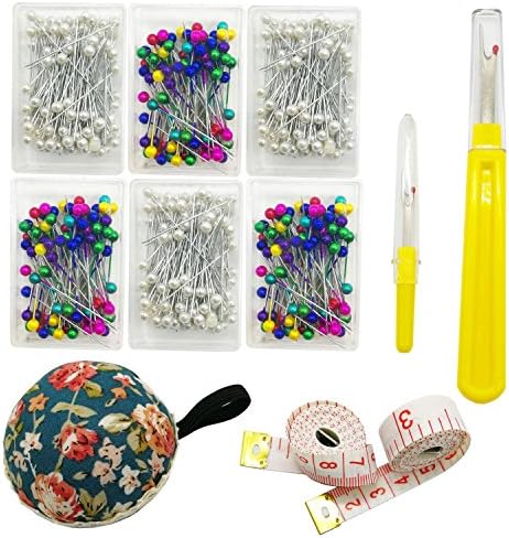 600PCS 38mm Sewing Pins with Pin Cushion, Sewing Seam Ripper and Soft Tape Measure for Dressmaking Jewelry Components Flower Decoration