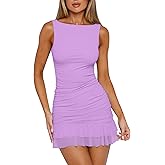 HOCILLE Women's Sexy Bodycon Boat Neck Mini Dresses Sleeveless Ruched Ruffle Hem Club Party Short Dress