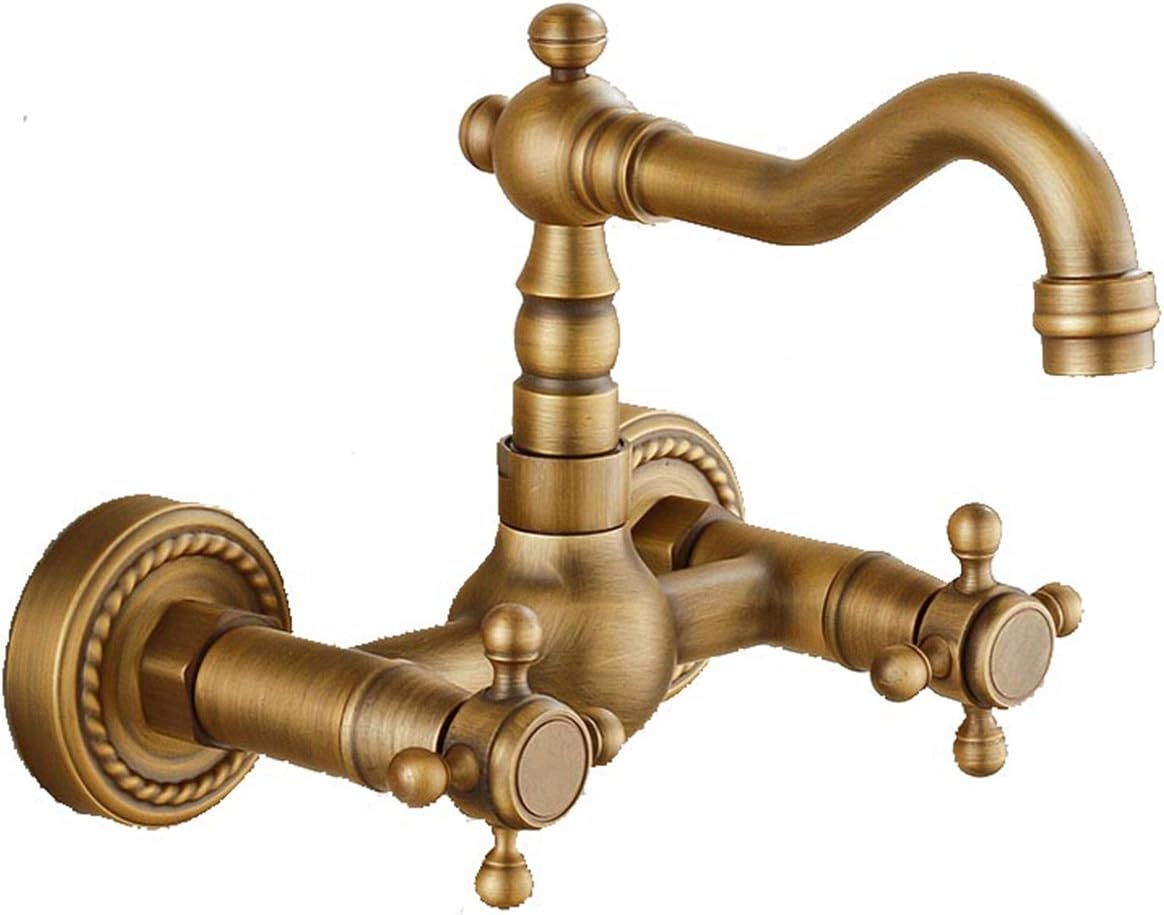 Wall Mounted Solid Brass Kitchen Mixer Tap Inspired Bathroom Sink Tap, Antique Brass Finish, Retro Antique