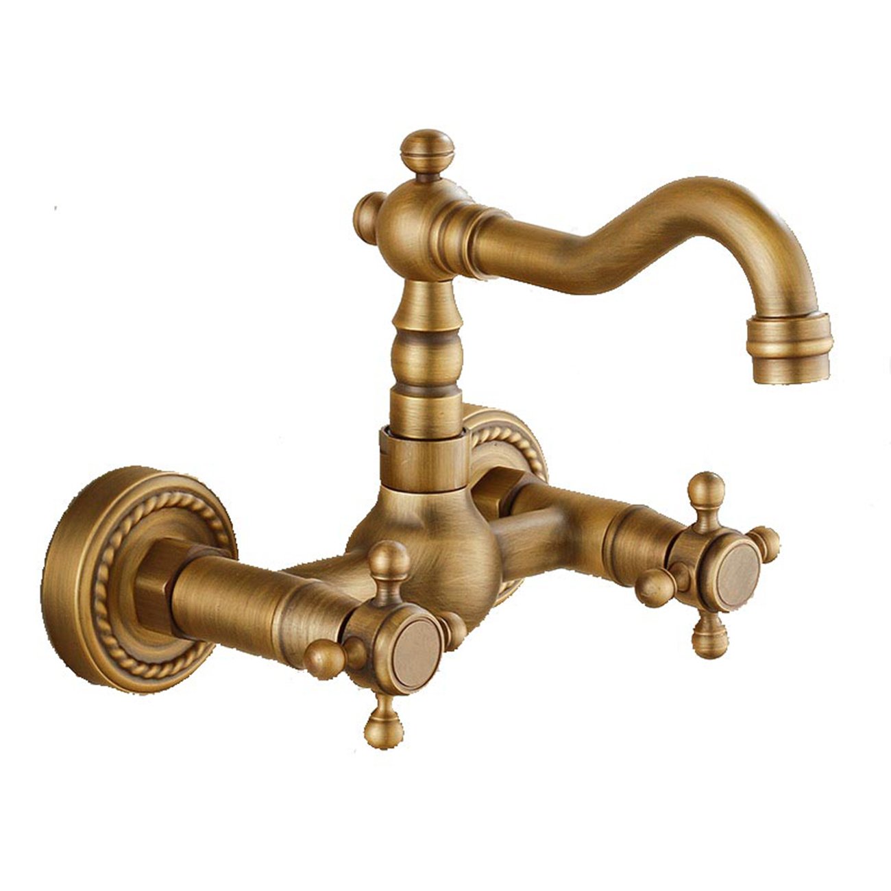 Wall Mounted Solid Brass Kitchen Mixer Tap Inspired Bathroom Sink Tap, Antique Brass Finish