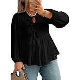 AlvaQ Womens Plus Size Tops Fall Fashion Bow Tie Front Puff Sleeve Crewneck Babydoll Peplum Blouses Shirt L-4XL