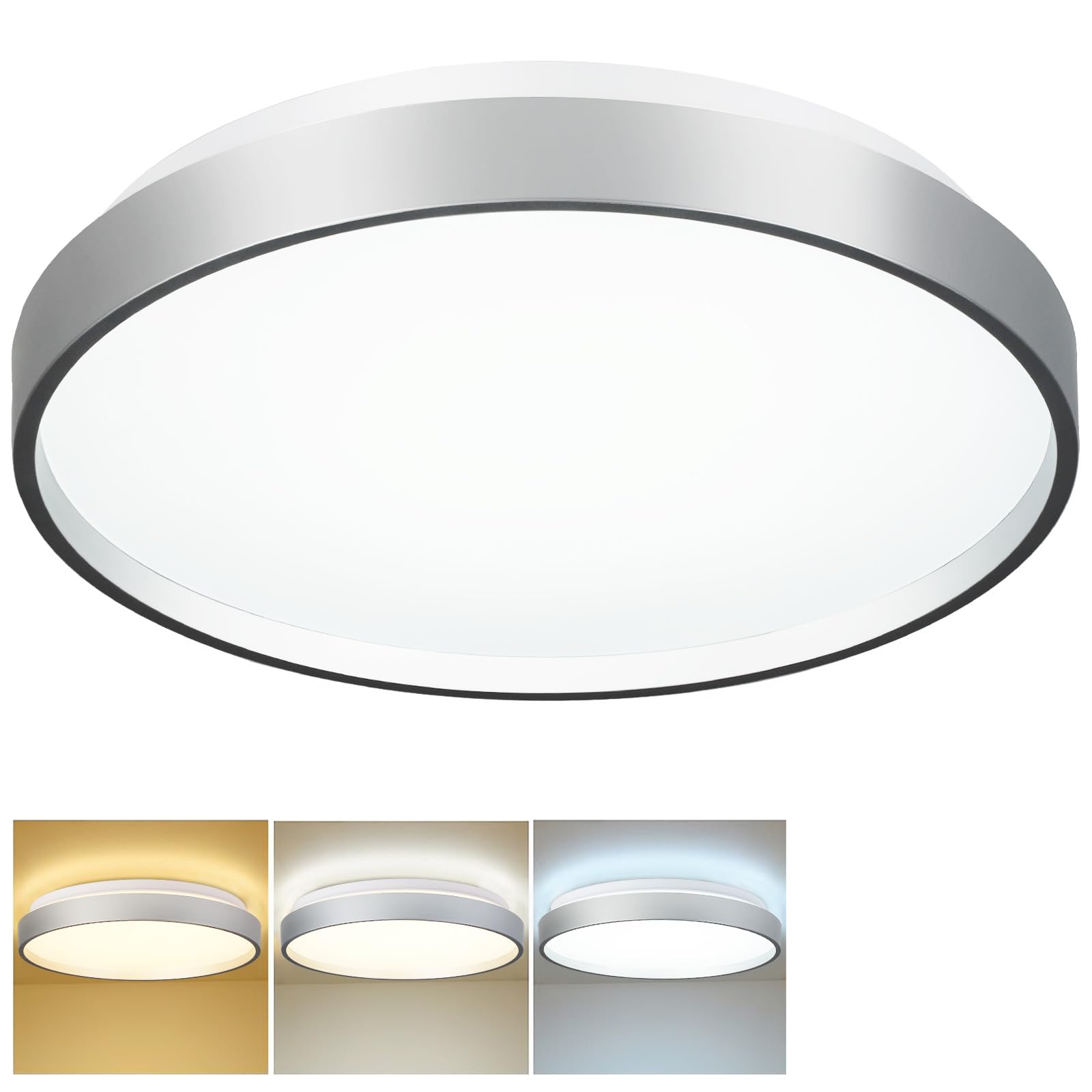 DINGLILIGHTING 24W Modern LED Flush Mount Ceiling Light, 13 Inch Silver Low Profile Light Fixture, Thin Round Close to Ceiling Lights for Kitchen Bedroom Living Room, 5 Color Adjustable