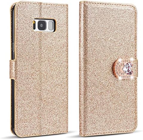 ZCDAYE Case for Samsung Galaxy A8 2018,Bling Glitter [Magnetic Closure] PU Leather Flip Wallet [Love Diamond Buckle][Card Slots] Stand Cover for Samsung Galaxy A8 2018 - Gold