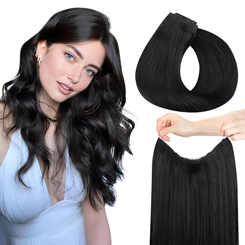hotbanana Wire Hair Extensions, 12 inch 70g Natural Black Fish Line Hair Extensions Real Human Hair Straight Invisible Remy Hair Human Extension