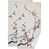 HUAZHIKOU Rustic Red Cherry Blossom Hand Towels for Bathroom Set of 2 Microfiber Spring Japanese Plum Flower Asian Ink Kitchen Dish Towels Decorative Bathroom Towels for Bath Guest Shower 14"x28"