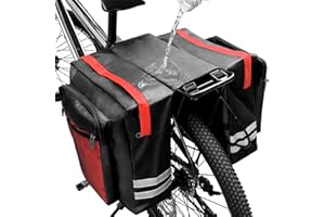 KLERICER Bike Rear Rack Double Pannier Bag, 30L Waterproof Bicycle Trunk Bag, Bike Pannier Bag with Reflective Trim, for Grocery Shopping Commuter Long Cycling Trip (Red)