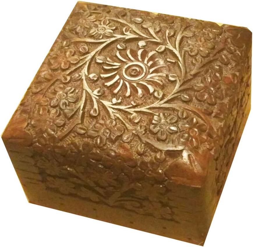 Indian Wooden Hand Carved Antique Sheesham Jewelry Case Wood Trinket Jewelry Box