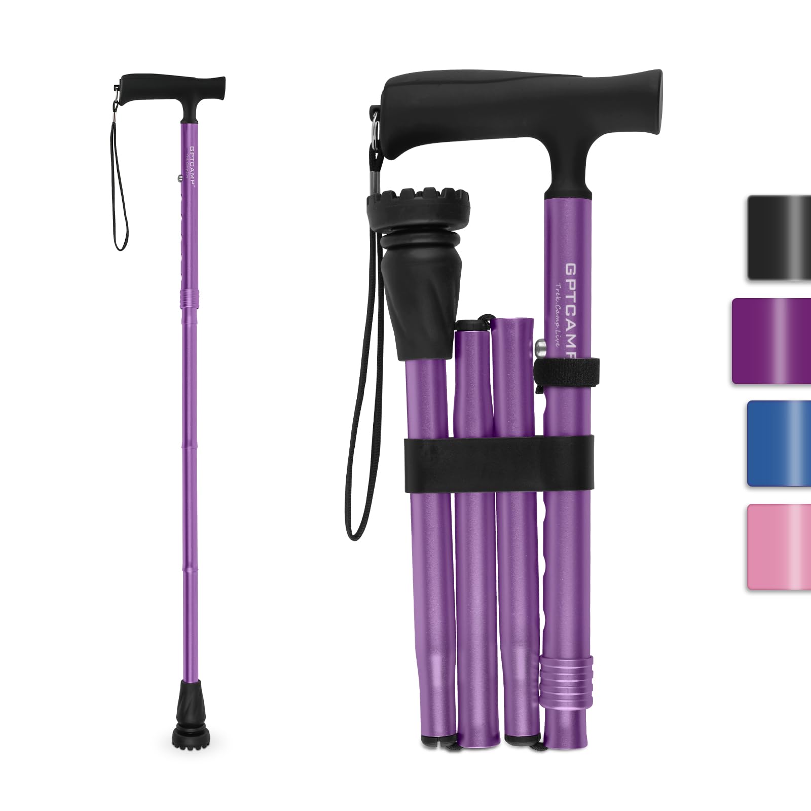 GPTCAMP G2 Walking Stick, Fold-up Walking Cane for Women and Men with Wrist Strap, Portable, Foldable, Collapsible, Lightweight and Sturdy with Comfortable T Handle