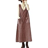 chouyatou Women's V-Neck Corduroy Overall Dress Jumper A-Line Midi Long Tank Pinafore Dress with Pockets
