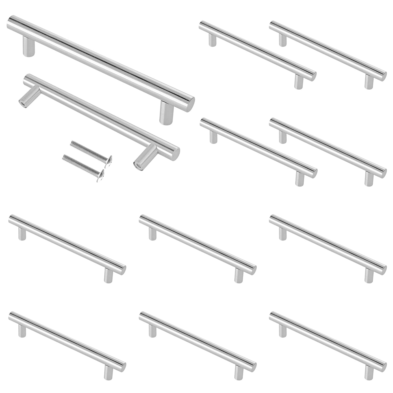 Cjueiom Brushed Nickel Cupboard Handles - 96mm Hole Center T Bar Knobs, 12 Pack Stainless Steel Drawer Pulls - Long Wardrobe & Kitchen Cabinet Handles, 150mm Length for Bedroom & Drawer