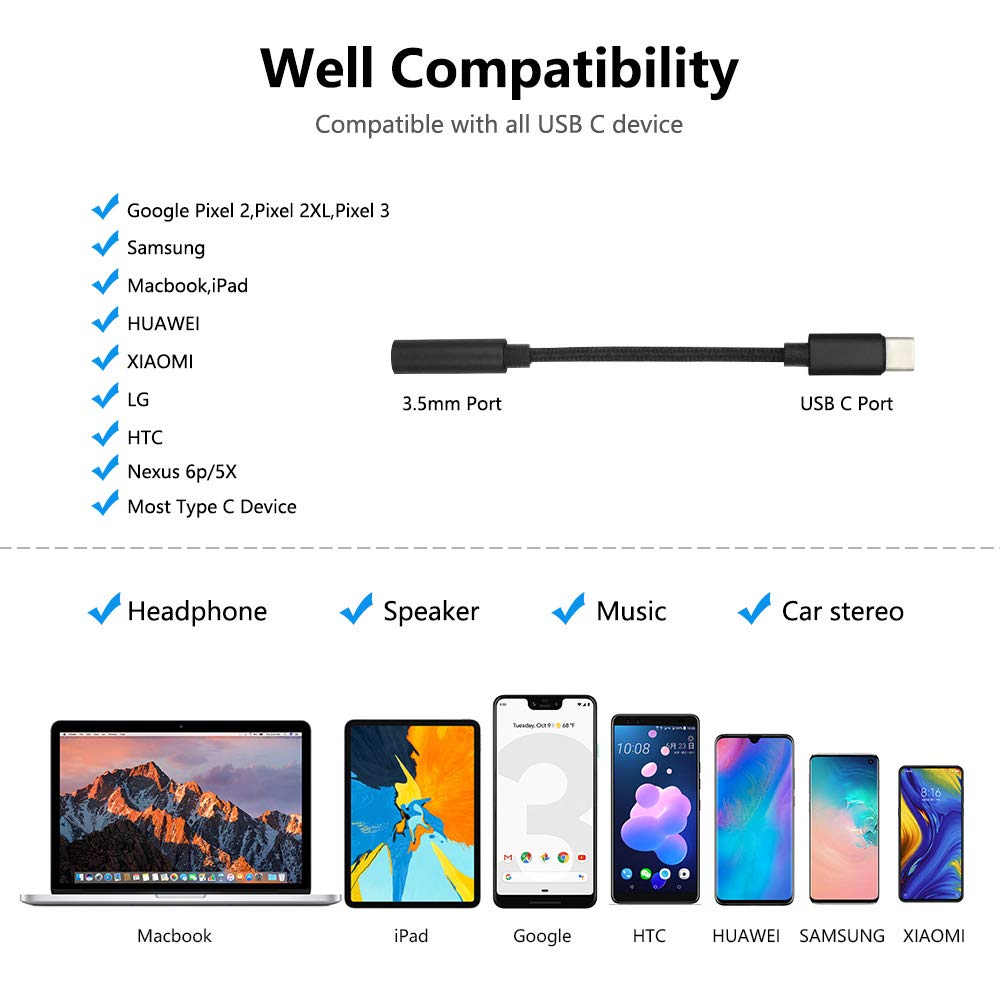 Pixel3/2 DAC USB C to 3.5mm Headphone Jack Adapter(2 Pack),Hi-Res Type C to 3.5mm Audio Jack Adapter Compatible for Google Pixel 2/2XL/3/3XL,Huawei,Sony,Nookia,ZUK,HTC,Lenovo,LG,Razer,Meitu,Samsung.