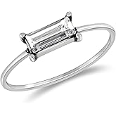 AeraVida Classic Solitaire Baguette Crystal Rectangle .925 Sterling Silver Band Ring