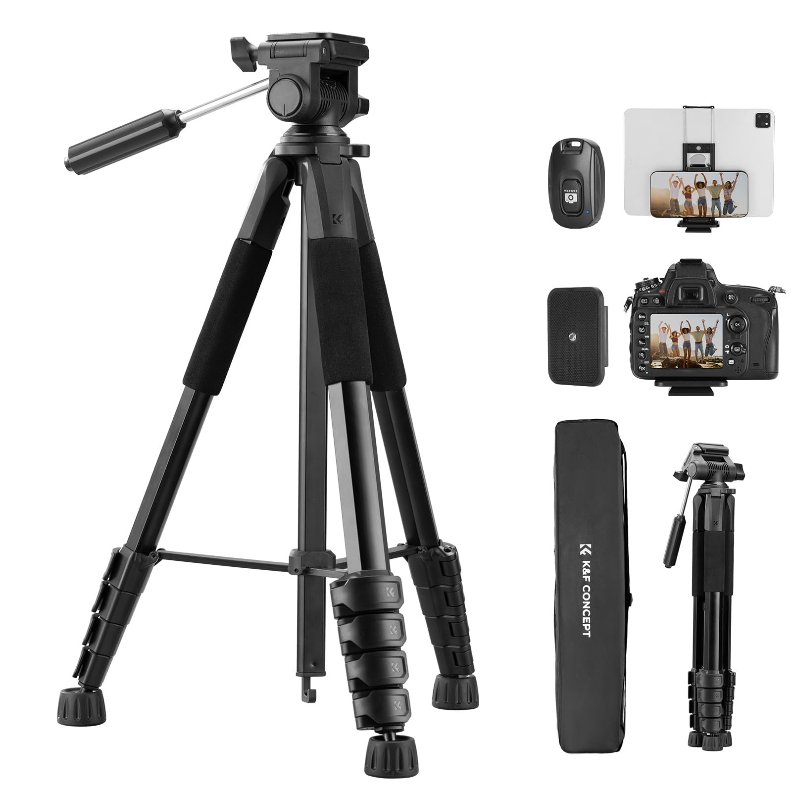 Photo 1 of K&F Concept Camera Tripod, 75" Lightweight Portable Travel Outdoor DSLR Tripods for Camera Phone Video Recording Tripod Stand, Cellphone Clip for Smartphone Live Streaming Vlog, Black