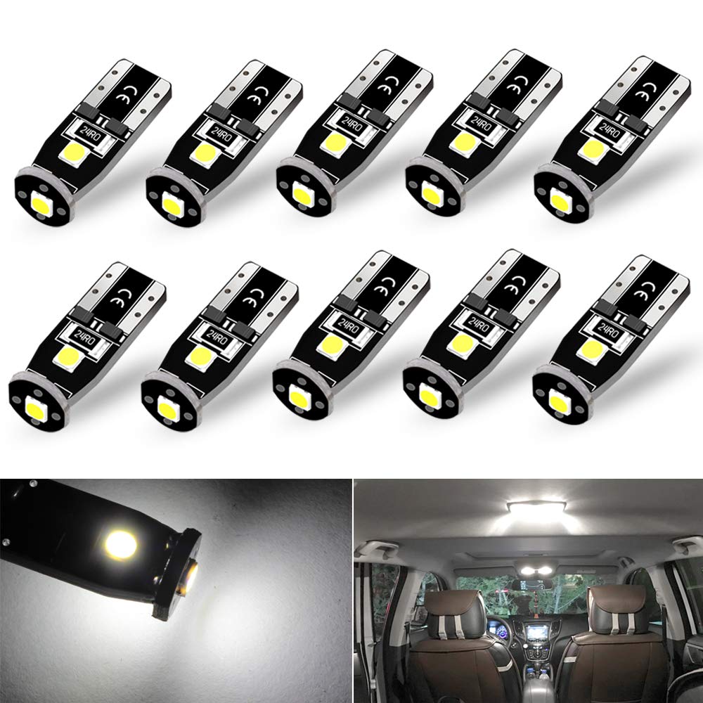 T10 194 168 2825 W5W LED Light Bulb, 6000K Super Bright 3030 SMD 12V Xenon White Compact Wedge Interior LED Bulb for Car Interior Dome Map Door Courtesy License Plate Lights (10 Pack)