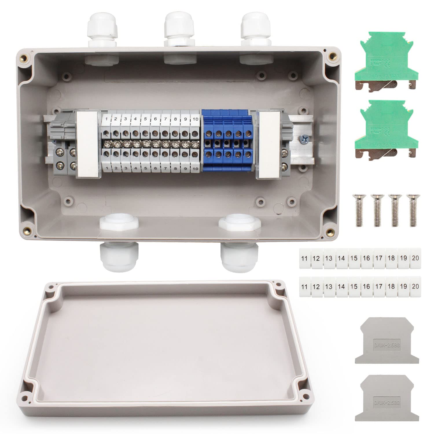 IP68 Waterproof Junction Box, SRJQXH 2 In 3 Out, Dust-Proof and Sun-Proof, with Guide Rail, UK2.5B Terminal, Grounding Terminal, Fixing Seat, Baffle, Connecting Strip, Marking Seat, Marking Strip