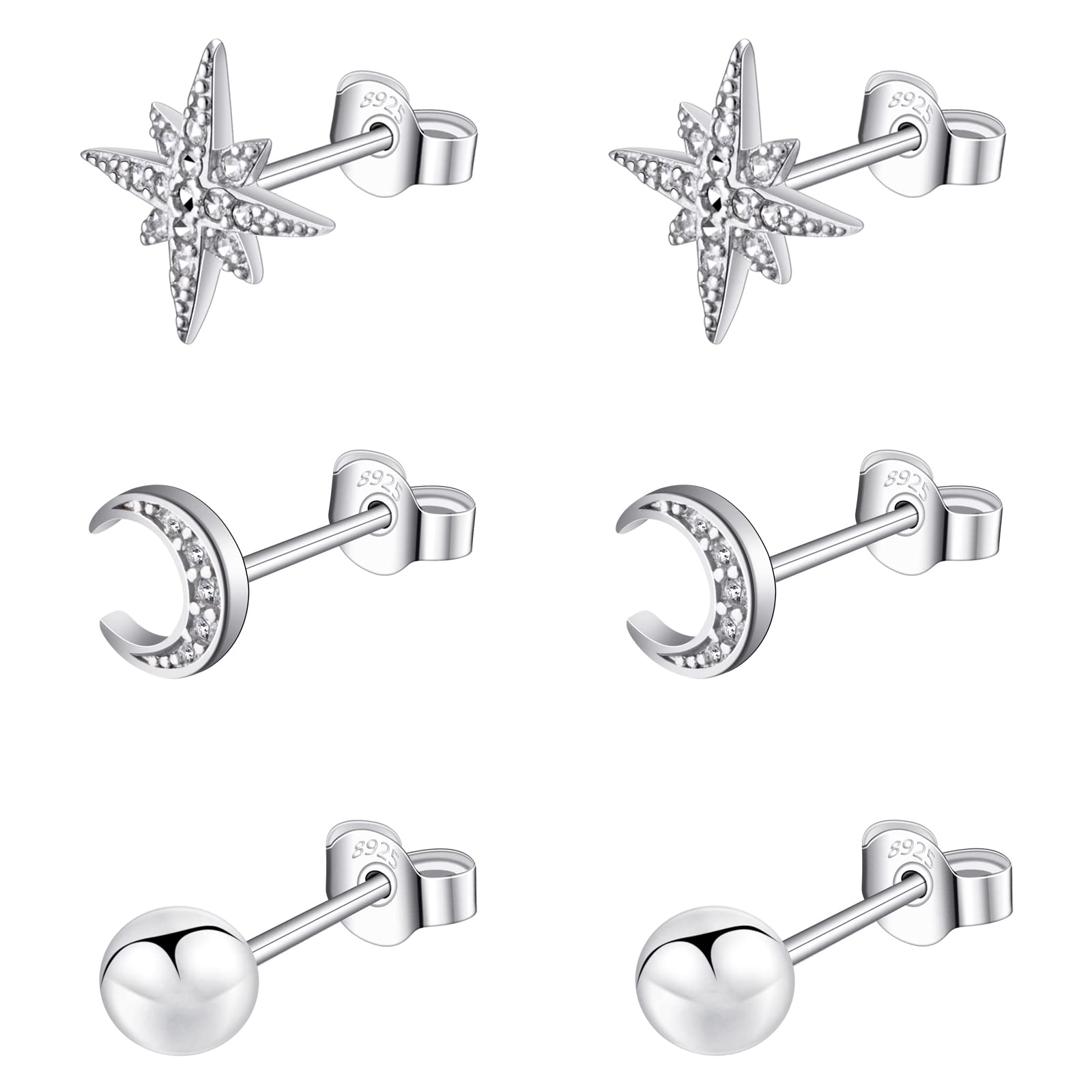 Bo Win 3 Pairs 925 Sterling Silver Earrings Stud Earrings Set Moon Star Earrings Ball Stud Earrings Small Sleeper Studs Earrings Earrings for Women Silver Stud Earrings for Teens Girls