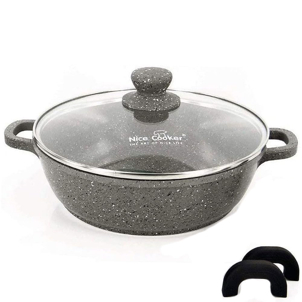 Nice Cooker Skillet, Grey, 3L Non-Stick Roc-Tec® with Real Stone Particles, Includes Lid & Handles, Oven & Induction Safe, 28 cm