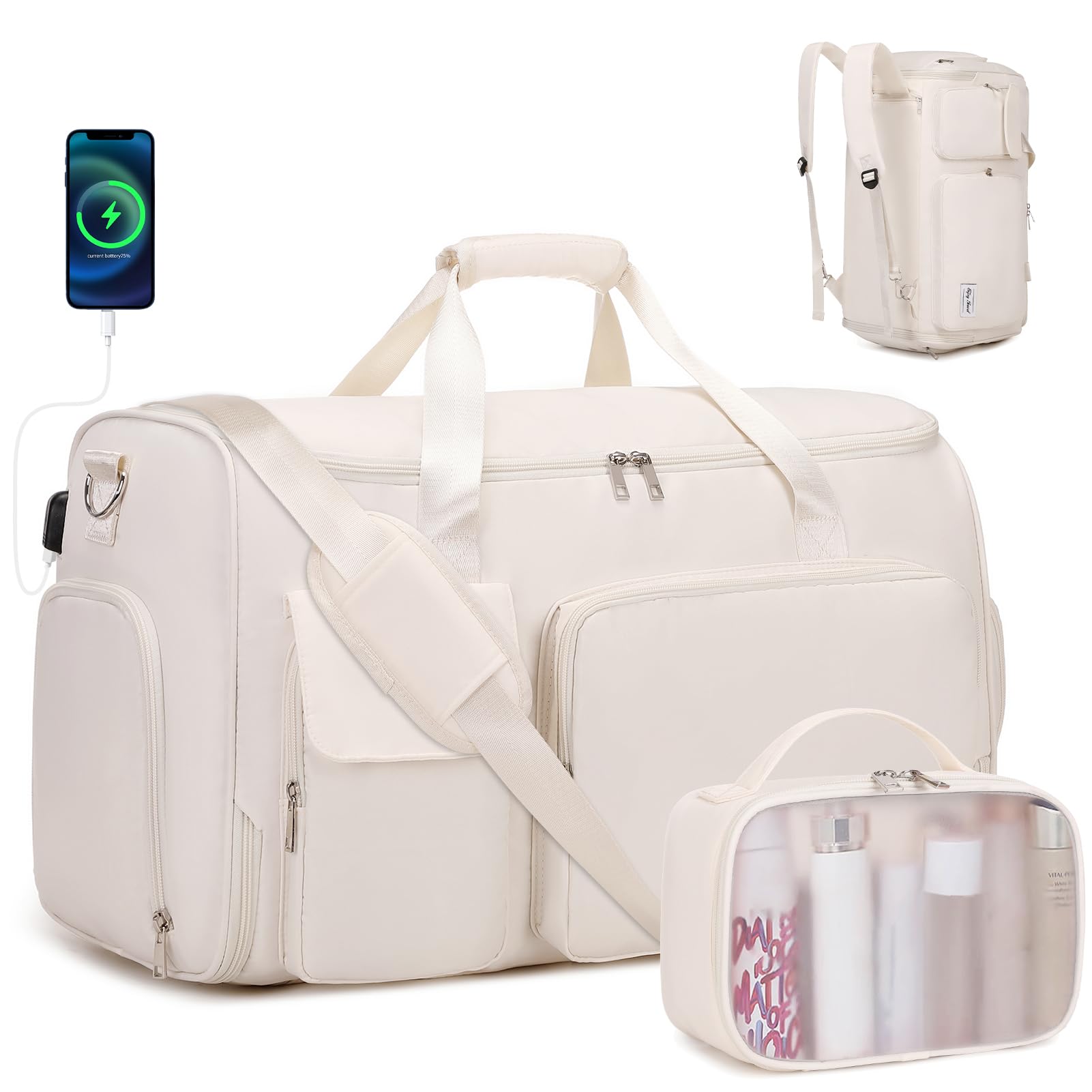 Photo 1 of ACESAK Garment Bags for Travel, 2 in 1 Convertible Carry On Duffle Bag Suit Bags Foldable Backpacks with Shoe Compartment & Toiletry Bag, Hanging Bags for Clothes Dress Suit for Men Women Gift (Beige)