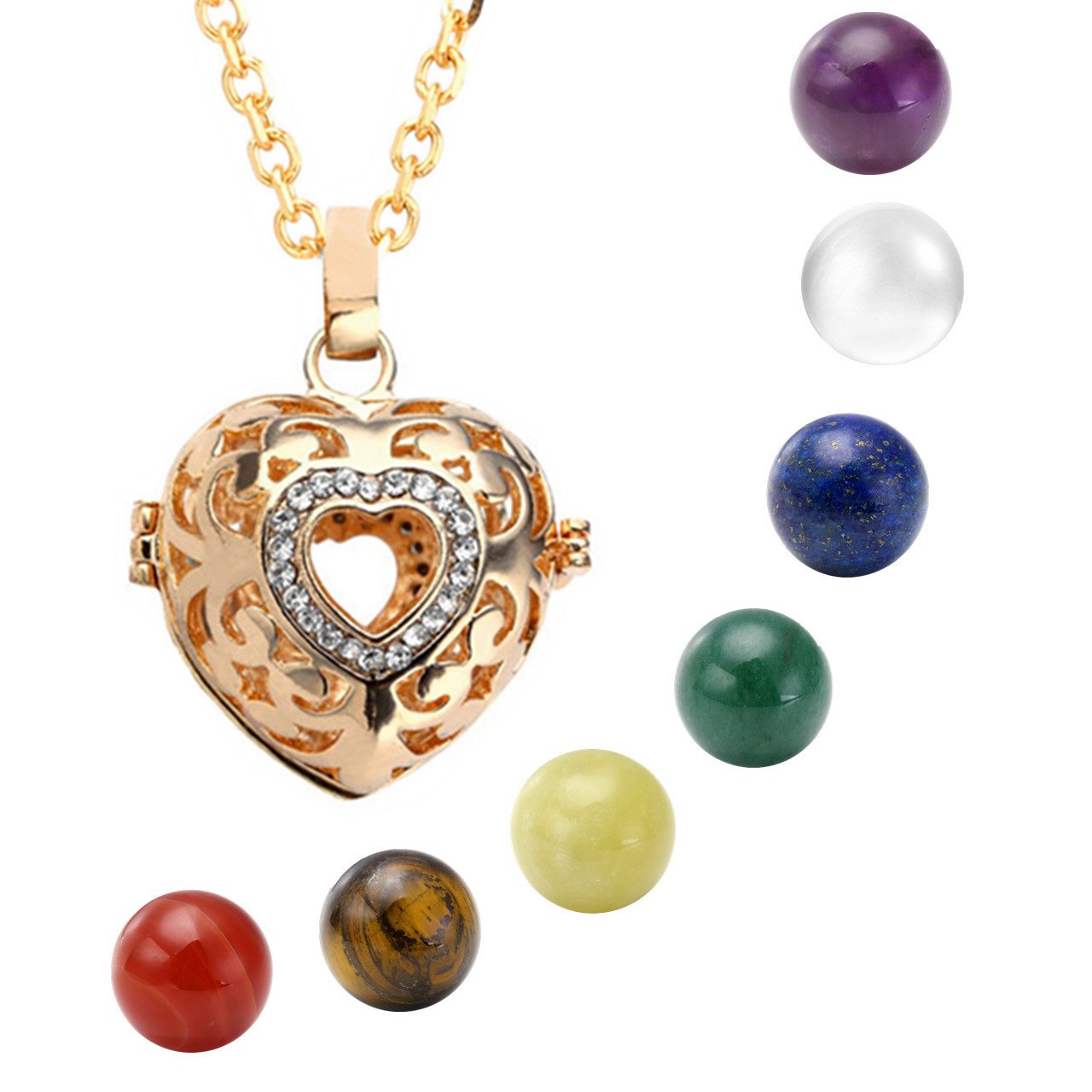 QGEM Collier de Pendentif en Cœur Doré Médaillon Locket Ouvert avec Strass + 7pcs Boules Pierre Chakra Naturelle pr Femme