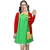 Women Costume Green Dress Red Knit Cardigan Shorts Glasses Full Set Halloween Cosplay Outfit