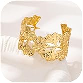 72ore Gold Chunky Bracelet for Women Cuff Bangle Ginkgo Leaf Statement Vintage Bracelets Wedding Party Prom Elegant Dresses Accessories Trendy Jewelry Gift