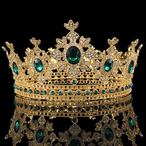 FUMUD 3.3''Baroque Vintage Rhinestone Pageant Prom Green Tiara Pearl Large Wedding Round Tiaras And Crowns Bridal Hair Accessories (Green)