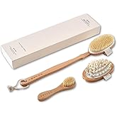 Dry Brushing Body Brush Set – Natural Bristle Spa Exfoliator Kit with Face Cleansing Brush, Long Dry Brushing Body Brush for Lymphatic Drainage & Massaging Cellulite Brush for Smooth, Radiant Skin