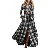 Women's Vintage Plaid Print Long Sleeve Button Down Long Dress Casual Lapel Western Belt Maxi Dress with Pockets