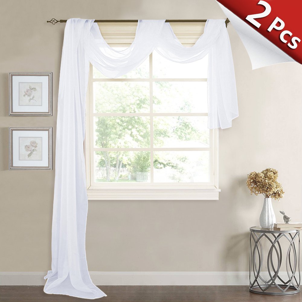 RYB HOME Long Sheer Valances Scarfs White Voile Tiers Window Decoration for Wedding/Holiday/Festival, Wide 60 in x Long 216 in Each Panel, 2 Pieces