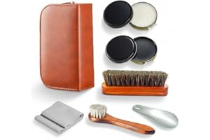 BNOGRS Shoe Care Kit,includes a Medium Horsehair Shoe Brush, a Long-Handled Round Brush, White Shoe Polish, a Black Shoe Polish, a Polishing Cloth, a Shoe Horn, and a Storage Box.