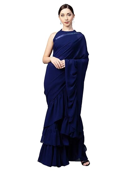 Womens Georgette Solid Ruffle Saree with Blouse Piece (Blue)