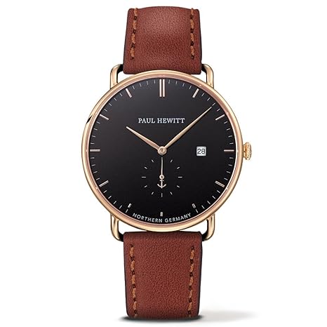 PAUL HEWITT Herren Armbanduhr Grand Atlantic Line Black Sea aus Edelstahl in IP Gold mit Lederarmband in Braun