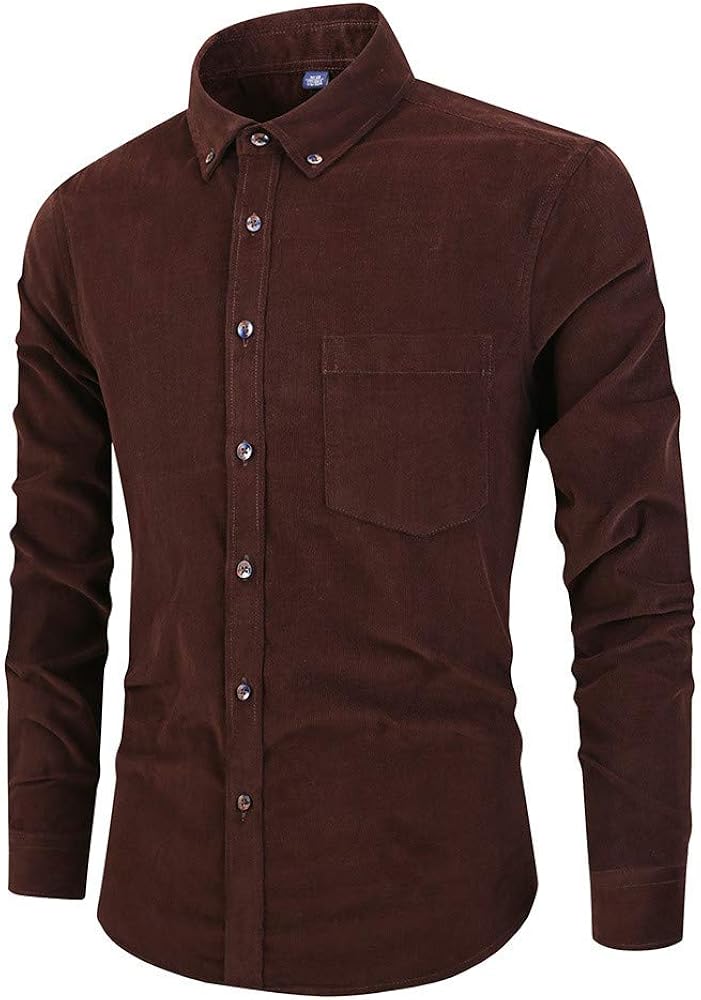 NLZQ Mens Corduroy Shirt Solid Color Long Sleeve Button Down Comfortable Lapel Top Spring