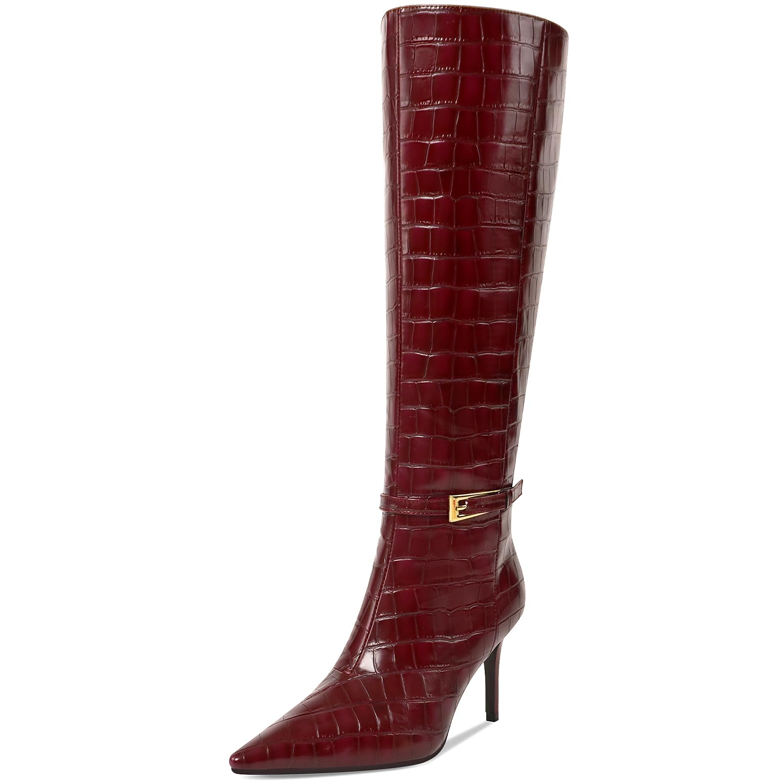 Photo 1 of COMJUY Crocodile Burgundy Knee High Boots Women Stiletto High Heel 3.3in, Side Zipper Pointed Toe Metal Buckle Tall Boots Dress Boots for Women, Comfortable Faux Leather Below Knee Long Boots Size 8.5