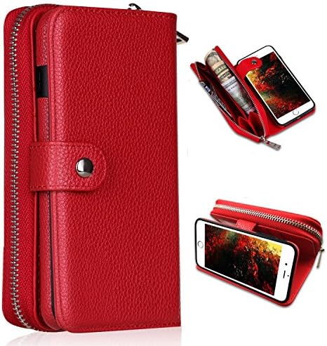 iPhone 7 Plus,iPhone 8 Plus Wallet Case,YSJT Magnets Detachable Credit Card Slots with Zipper Classic Fashionable Cover Flip Premium PU Leather for iPhone 7 Plus/iPhone 8 Plus 5.5 inch (Red)