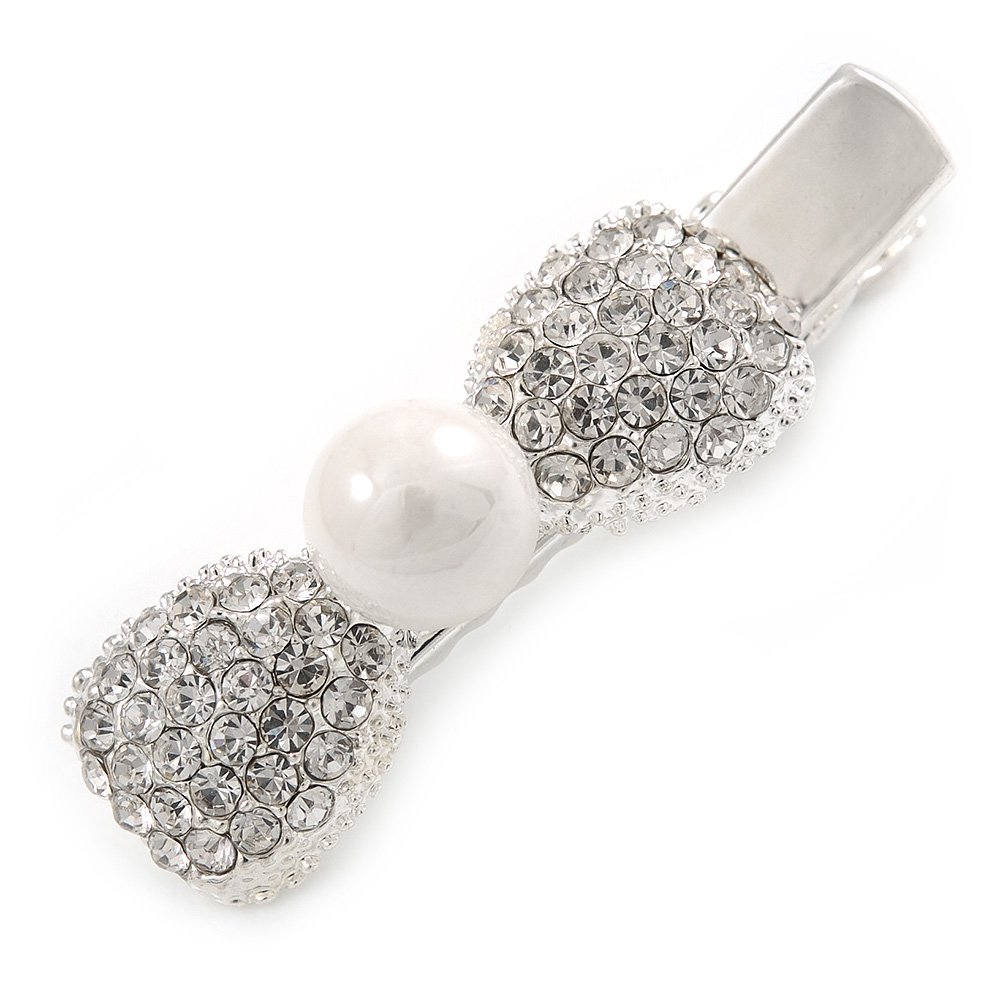 Small Clear Crystal Bow Hair Beak Clip/Concord Clip/Clamp Clip In Silver Tone - 45mm L