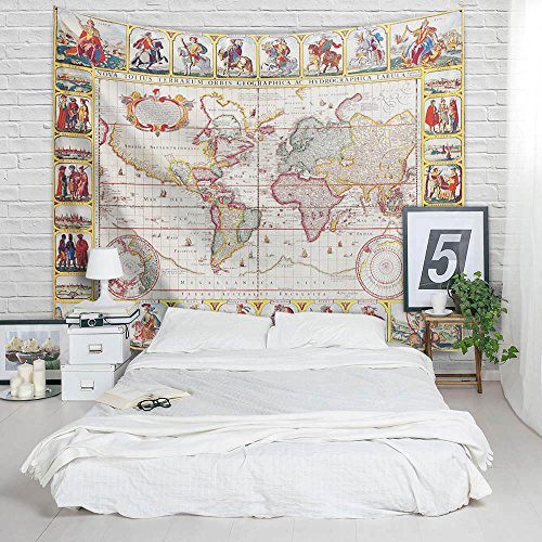 World Map Tapestry, Vintage 1740s World Imagination Middle Ages Knight Wall Hanging Multipurpose Cloth as Home Decor, Picnic Mat, Beach Towel, Backdrop, Bedspread (Style 2, 80 by 60 inches)