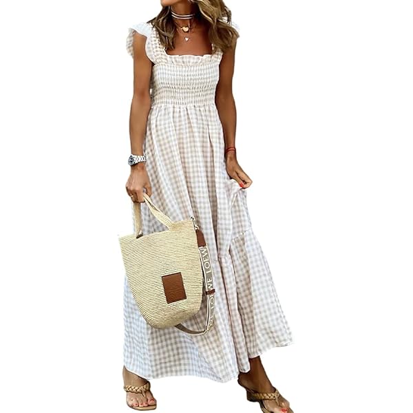 Amazon.com: Womens Gingham Maxi Dress Plaid Dresses for Women Flowy Smocked  Long Dress Pleated Checkered Preppy Dresses Beige : Clothing, Shoes &  Jewelry