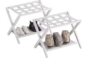 HITNET White Luggage Rack, Set of 2, Folding Suitcase Stand with Storage Shelf, Bamboo Luggage Holder with 5 Nylon Straps for Guest Room Bedroom Hotel