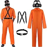 Mepase Halloween Costume Orange Prison Inmate Jumpsuit with Helmet Mask for Men Scary Game Cosplay Party Outfits