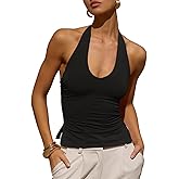 Tankaneo Womens Sexy Scoop Neck Halter Tops Backless Ruched Knit Tank Tops Summer Sleeveless Fitted Going Out Shirts