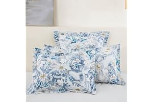 DAUAOTO Floral Garden Cotton Shams Pillow Cover 2 Pieces Set 20"x26" Standard Size Pillowcases, Aesthetic Botanical Flower Blue Pattern